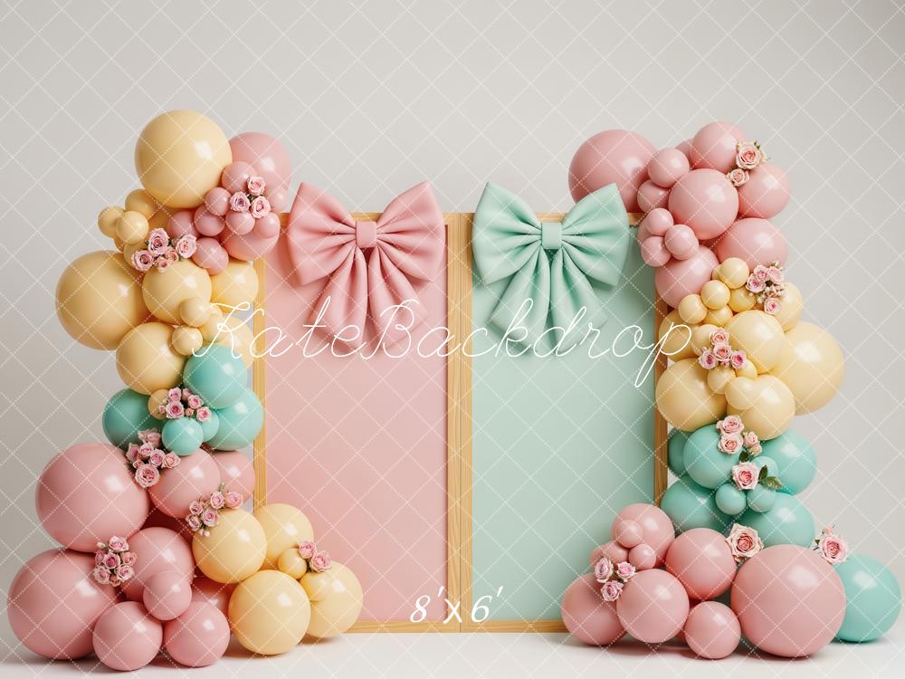 Kate Cake Smash Pastel Balloon Arch Flowers Bows Printed Backdrop Designed by Patty Roberts