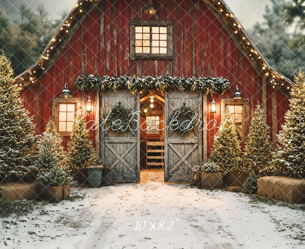 Kate Christmas Red Barn Snowy Pine Trees Backdrop Designed by Emetselch