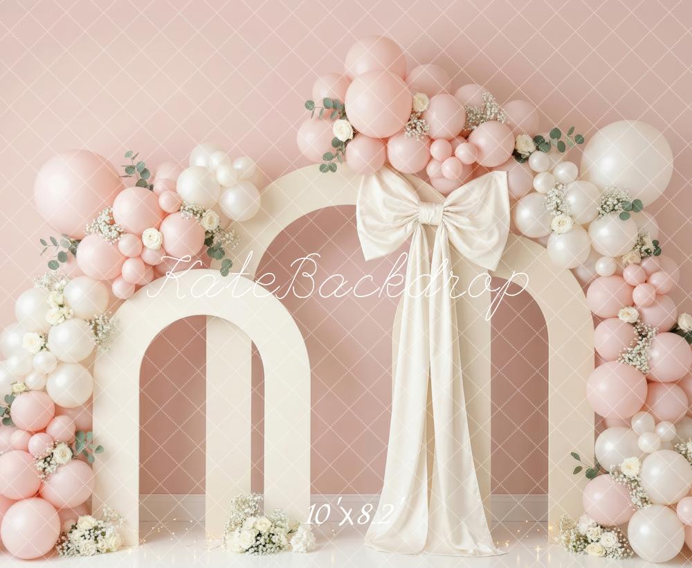Kate Cake Smash Pink Balloon Arch Bow Flowers Printed Backdrop Designed by Patty Roberts