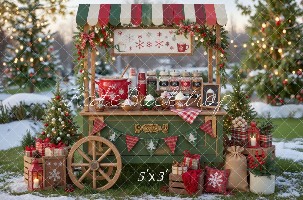 Kate Christmas Hot Cocoa Stand Gifts Trees Snow Outdoor Printed Backdrop Designed by Mini MakeBelieve