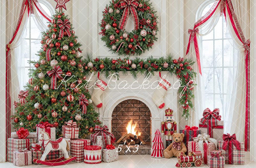 Kate Christmas Fireplace Tree Red Plaid Arched Window Wreath Printed Backdrop Designed by Mini MakeBelieve