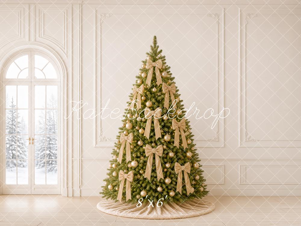 Kate Christmas Gold Bow Tree Elegant White Wall Printed Backdrop Designed by Emetselch