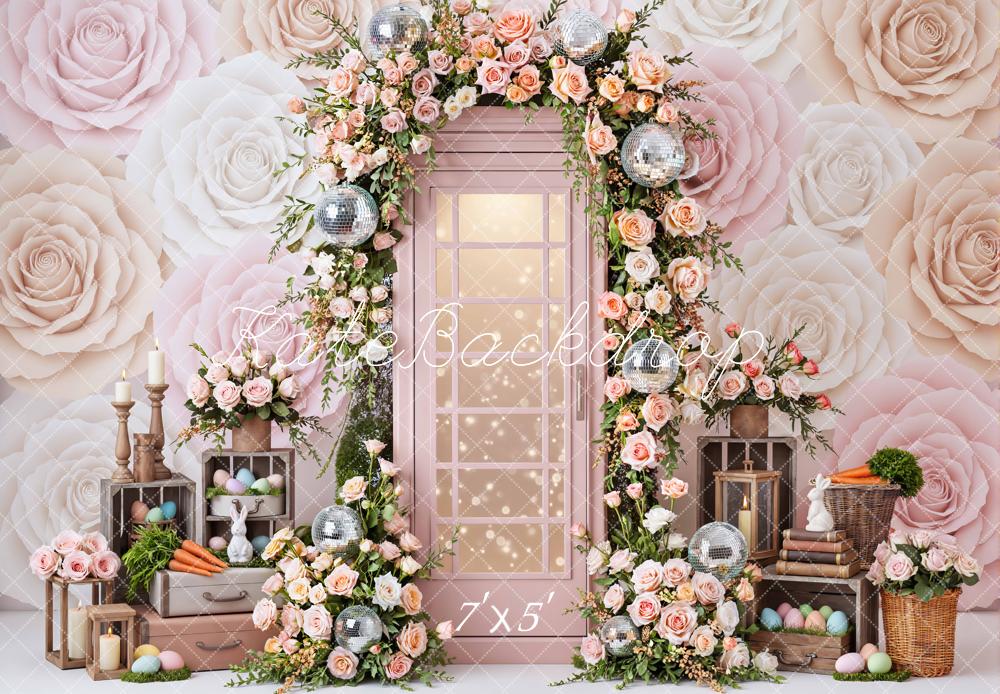 Kate Easter Bunny Flower Arch Pastel Roses Printed Backdrop Designed by Mini MakeBelieve