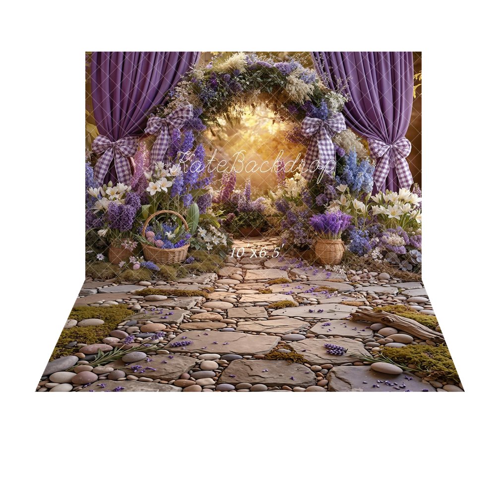 Kate Spring Flower Arch Purple Curtains Baskets Pathway Printed Backdrop+Cobblestone Path Moss Pebbles Driftwood Printed Backdrop