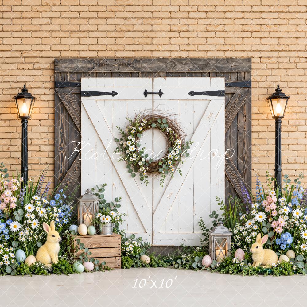 Kate Easter White Barn Door Flower Wreath Bunny Printed Backdrop Designed by Emetselch