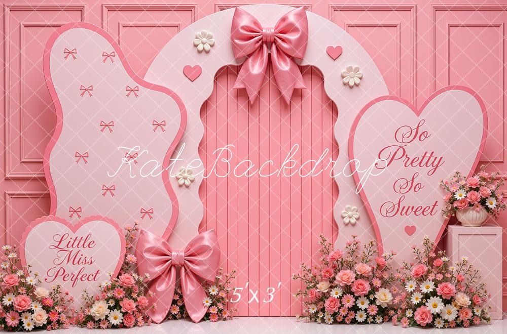 Kate Birthday Girls Pink Princess Bow Floral Arch Heart Printed Backdrop Designed by Shutter Swan Studios