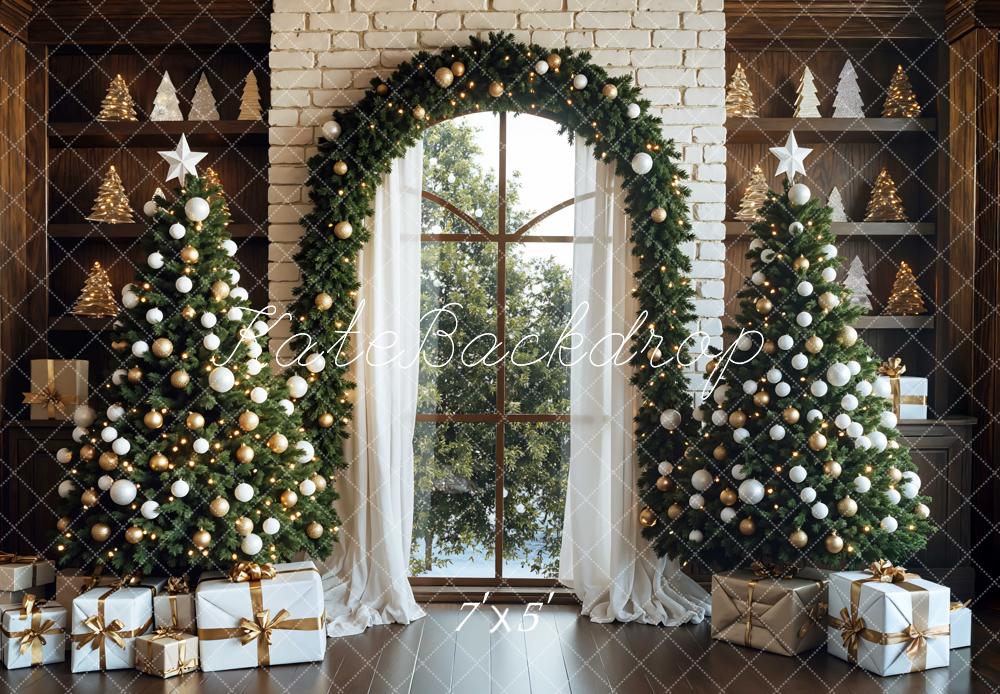 Kate Christmas Trees Garland Window Presents White Brick Backdrop Designed by Mini MakeBelieve