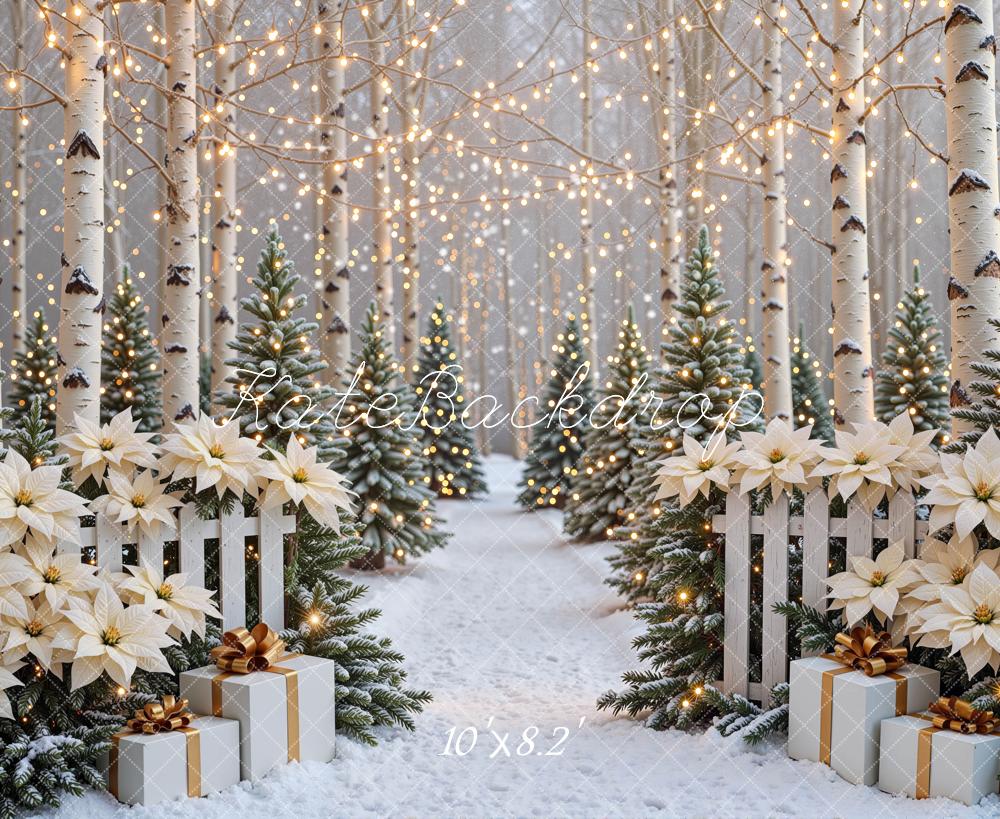 Kate Christmas Birch Forest Poinsettia Snow Presents Lights Printed Backdrop Designed by Mini MakeBelieve