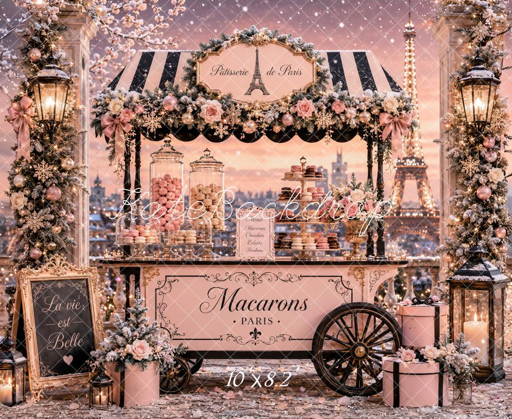 Kate Christmas Pink Paris Macaron Cart Lanterns Printed Backdrop Designed by Ashley Paul