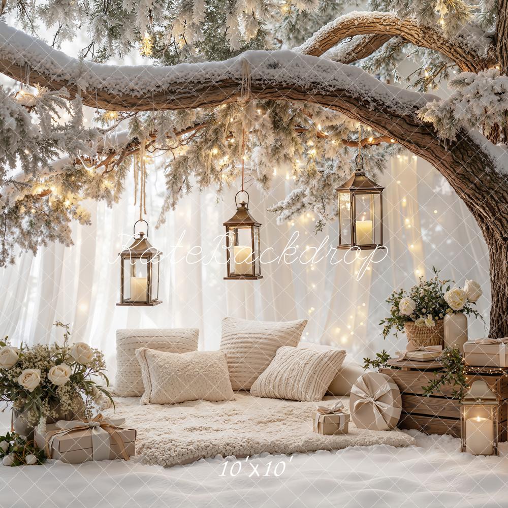 Kate Christmas Branch Arch Snowy Tree Lanterns Pillows Gifts Printed Backdrop Designed by Emetselch