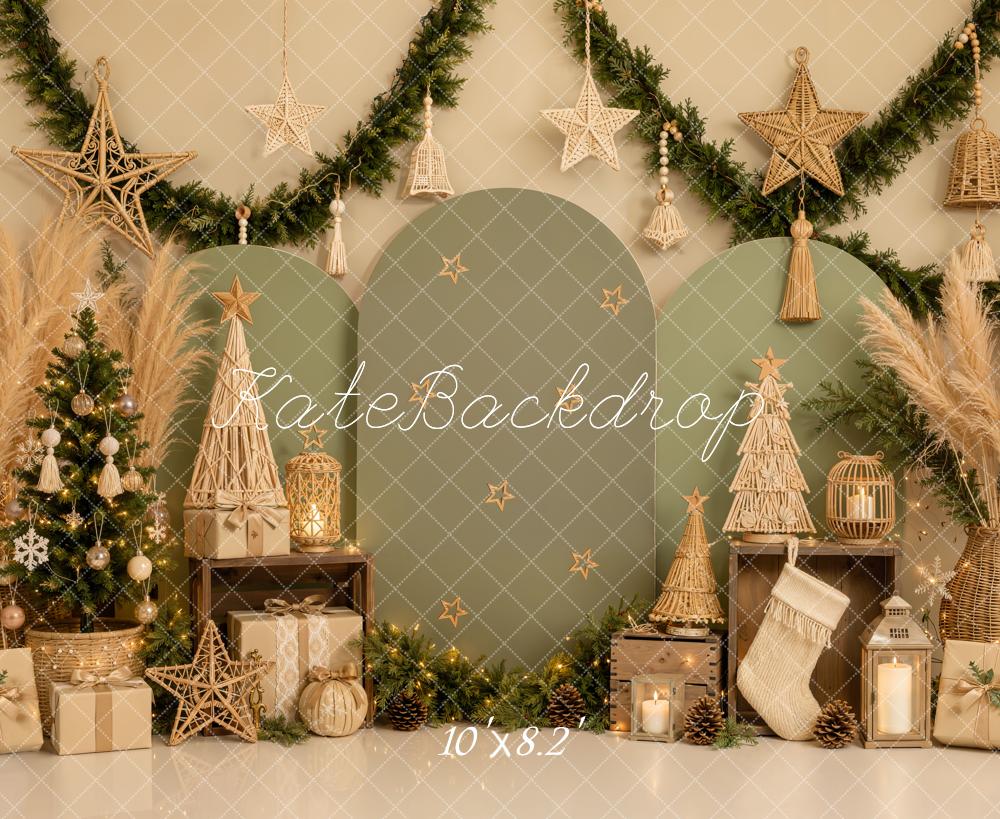 Kate Christmas Boho Green Arch Panels Trees Stars Printed Backdrop Designed by Emetselch