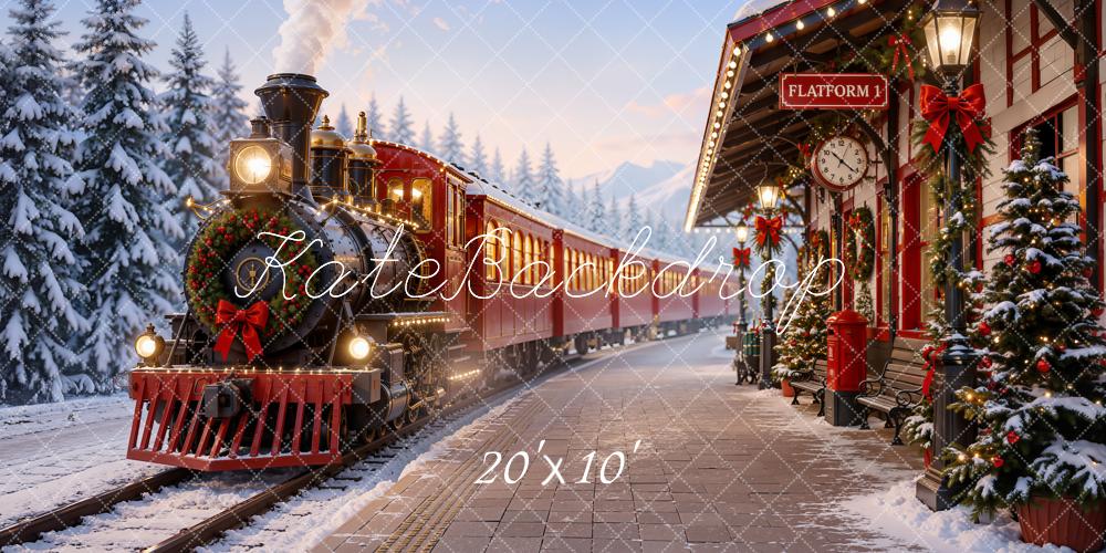 Kate Christmas Red Polar Train Station Snowy Trees Printed Backdrop Designed by Emetselch