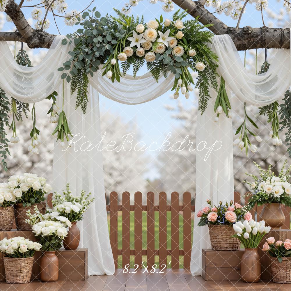 Kate Spring Flower Arch White Drapes Cherry Blossoms Backdrop Designed by Mini MakeBelieve