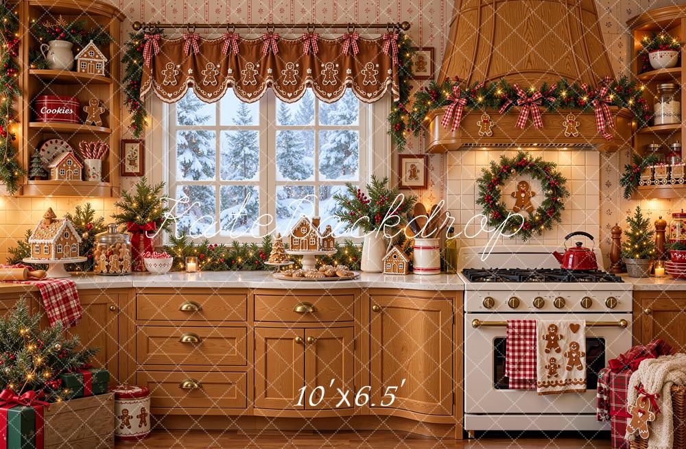 Kate Christmas Brown Gingerbread Kitchen Cabinet Window Printed Backdrop Designed by Shutter Swan Studios