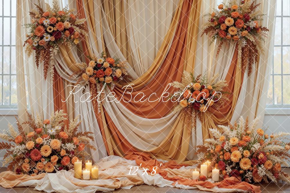 Kate Fall Flowers Drapes Candles Orange White Printed Backdrop Designed by Mini MakeBelieve