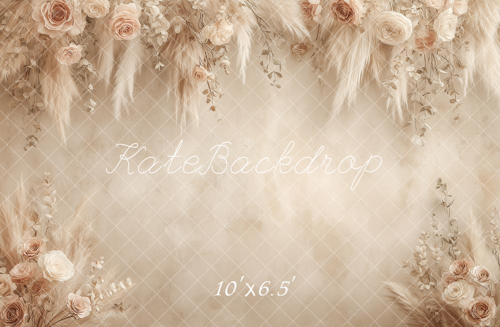 Kate Boho Beige Flower Arch Pampas Grass Roses Printed Backdrop Designed by Angela Miller