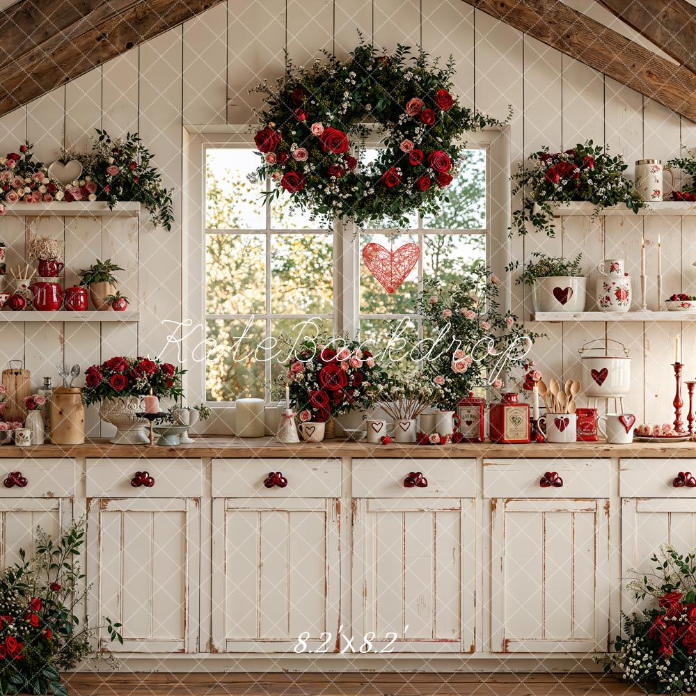 Kate Valentine's Day Rustic White Kitchen Red Roses Window Backdrop Designed by Emetselch