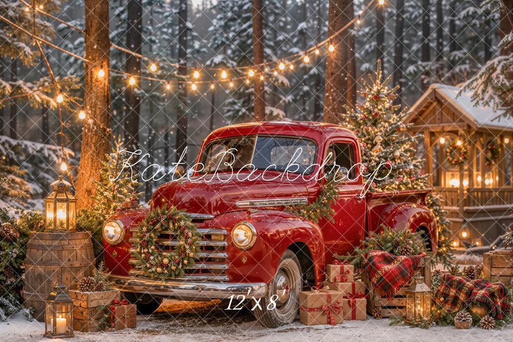 Lightning Deal Kate Christmas Truck Red Vintage Forest Lantern Gifts Cabin Printed Backdrop Designed by Emetselch