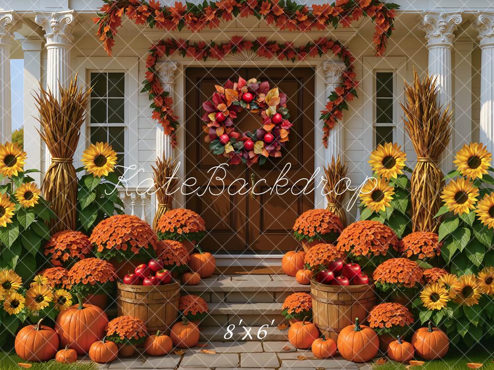 Kate Fall Sunflowers Pumpkins Front Porch Wreath Backdrop Designed by Mini MakeBelieve