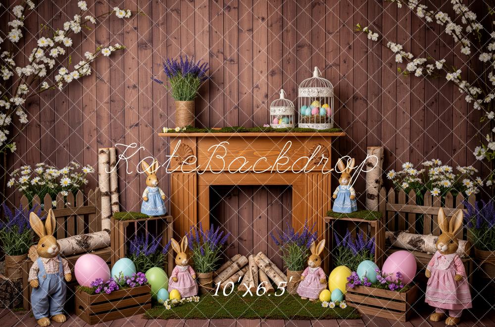 Kate Easter Bunny Fireplace Pastel Eggs Spring Flowers Backdrop Designed by Patty Roberts