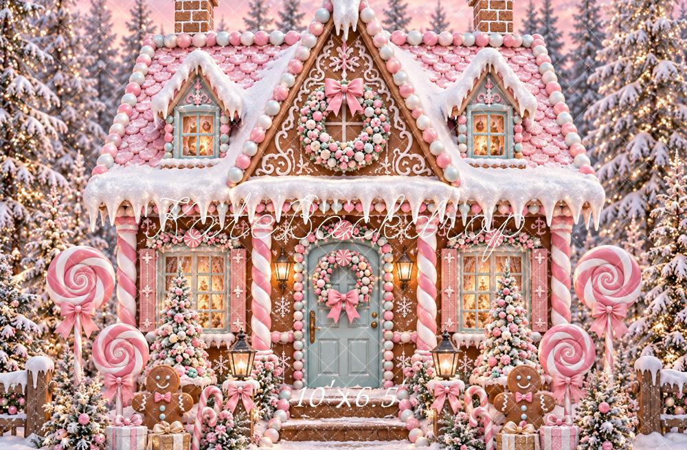 Kate Christmas Pink Gingerbread House Candy Cane Snowy Printed Backdrop Designed by Ashley Paul