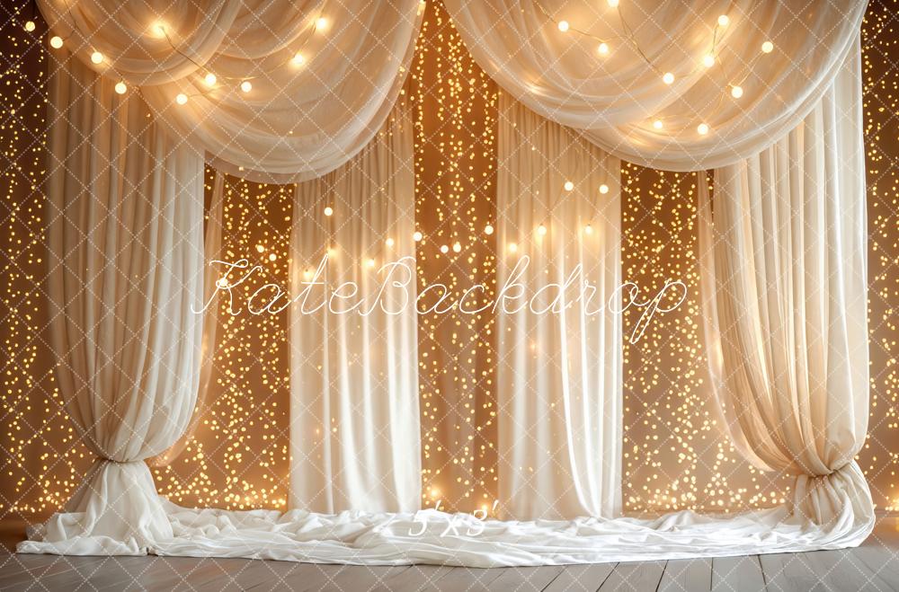 Kate White Drapes String Lights Curtain Printed Backdrop Designed by Mini MakeBelieve