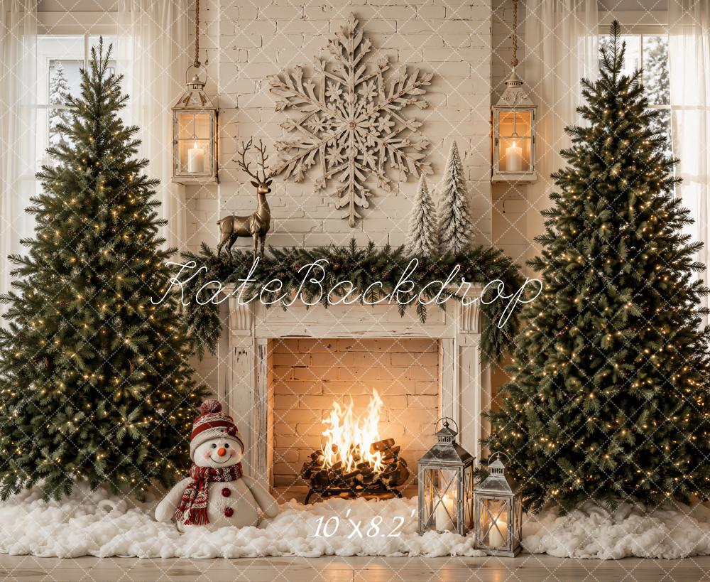 Kate Christmas Trees Snowflake Fireplace Snowman Printed Backdrop Designed by Emetselch