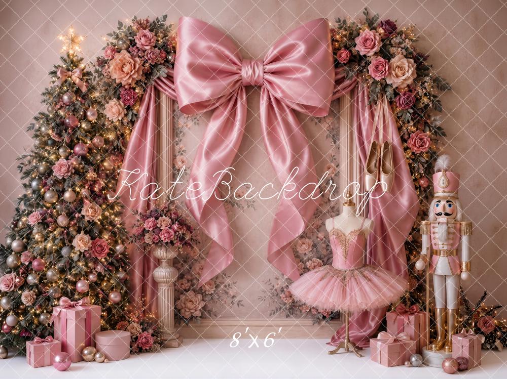 Kate Christmas Tree Pink Bow Nutcracker Ballerina Printed Backdrop Designed by Ashley Ward