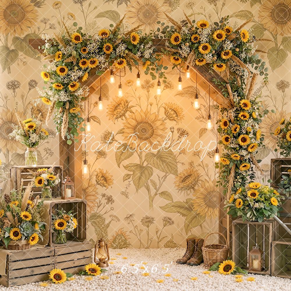 Kate Sunflower Flower Arch Rustic Barrels Crates Printed Backdrop Designed by Emetselch