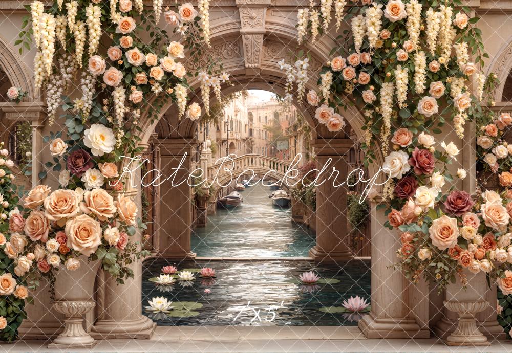 Kate Flower Arch Venetian Canal Floral Columns Printed Backdrop Designed by Emetselch