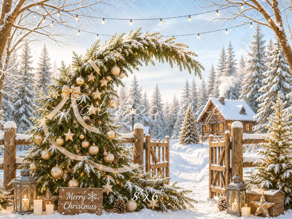 Kate Christmas Fantasy Snowy Tree Whimsical Gold Ornaments Cabin Gate Printed Backdrop Designed by Emetselch