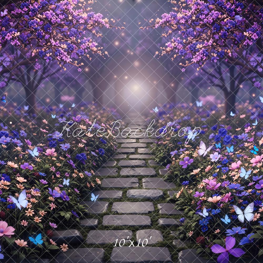 Kate Fairy Fantasy Stone Path Purple Flowers Butterflies Printed Backdrop Designed by Mini MakeBelieve