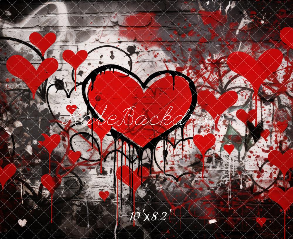 Kate Valentine's Day Graffiti Red Hearts Brick Wall Backdrop Designed by Emetselch