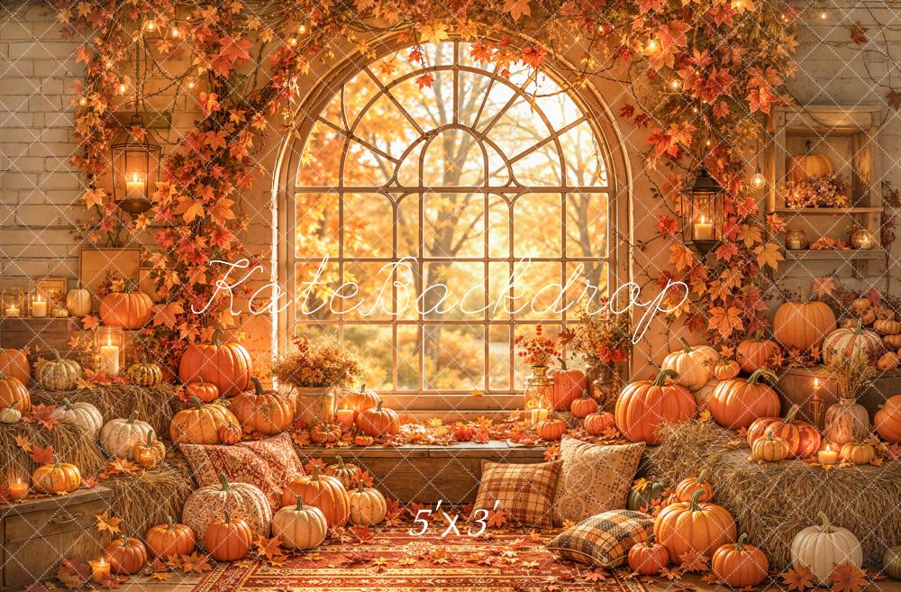 Kate Fall Pumpkins Window Arch Maple Leaves Printed Backdrop Designed by Emetselch