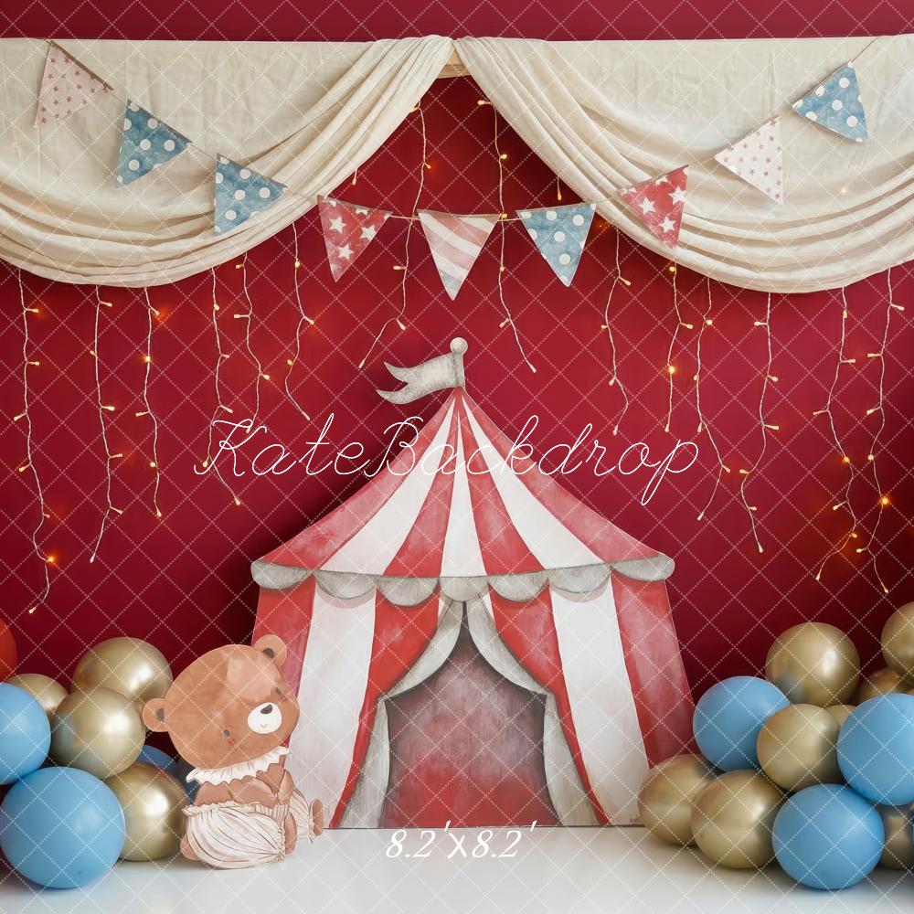 Kate Cake Smash Circus Tent Bear Balloons Red Printed Backdrop Designed by Patty Roberts