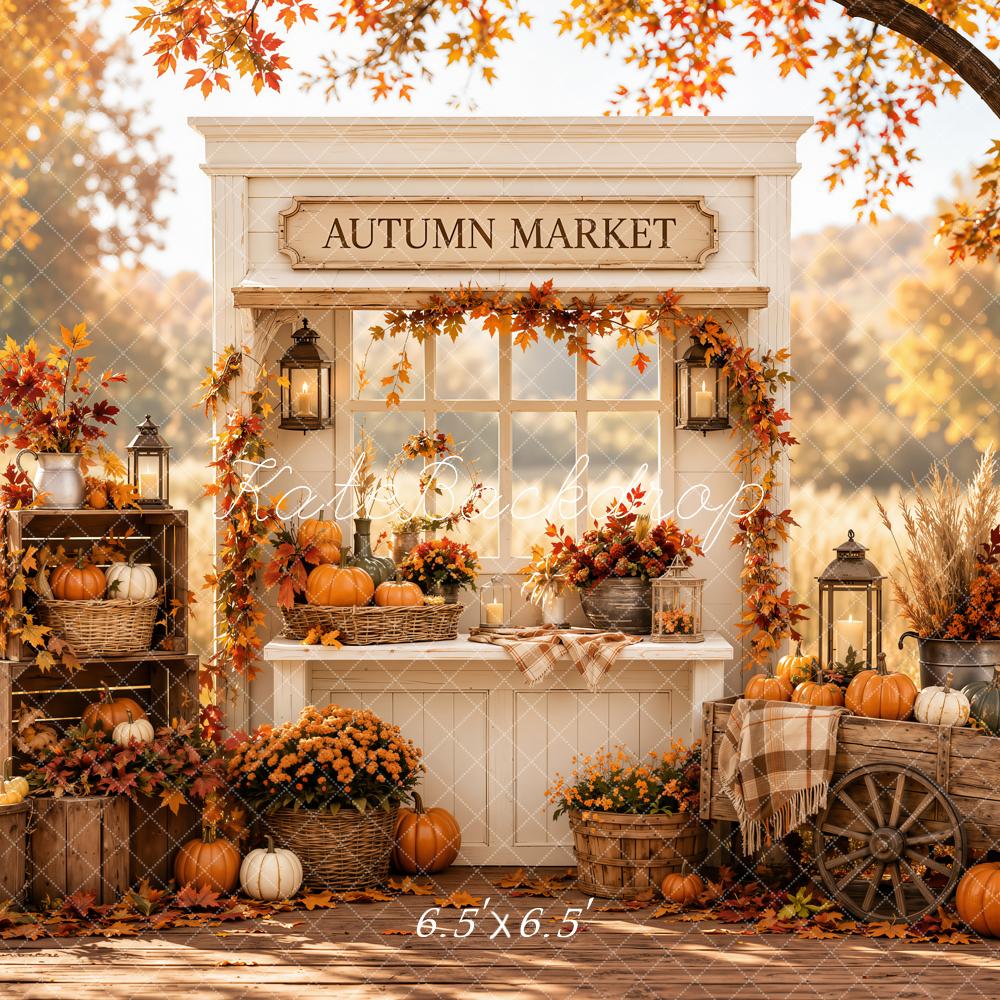 Kate Fall Market Pumpkins Crates Wagon Lanterns Leaves Forest Printed Backdrop Designed by Emetselch