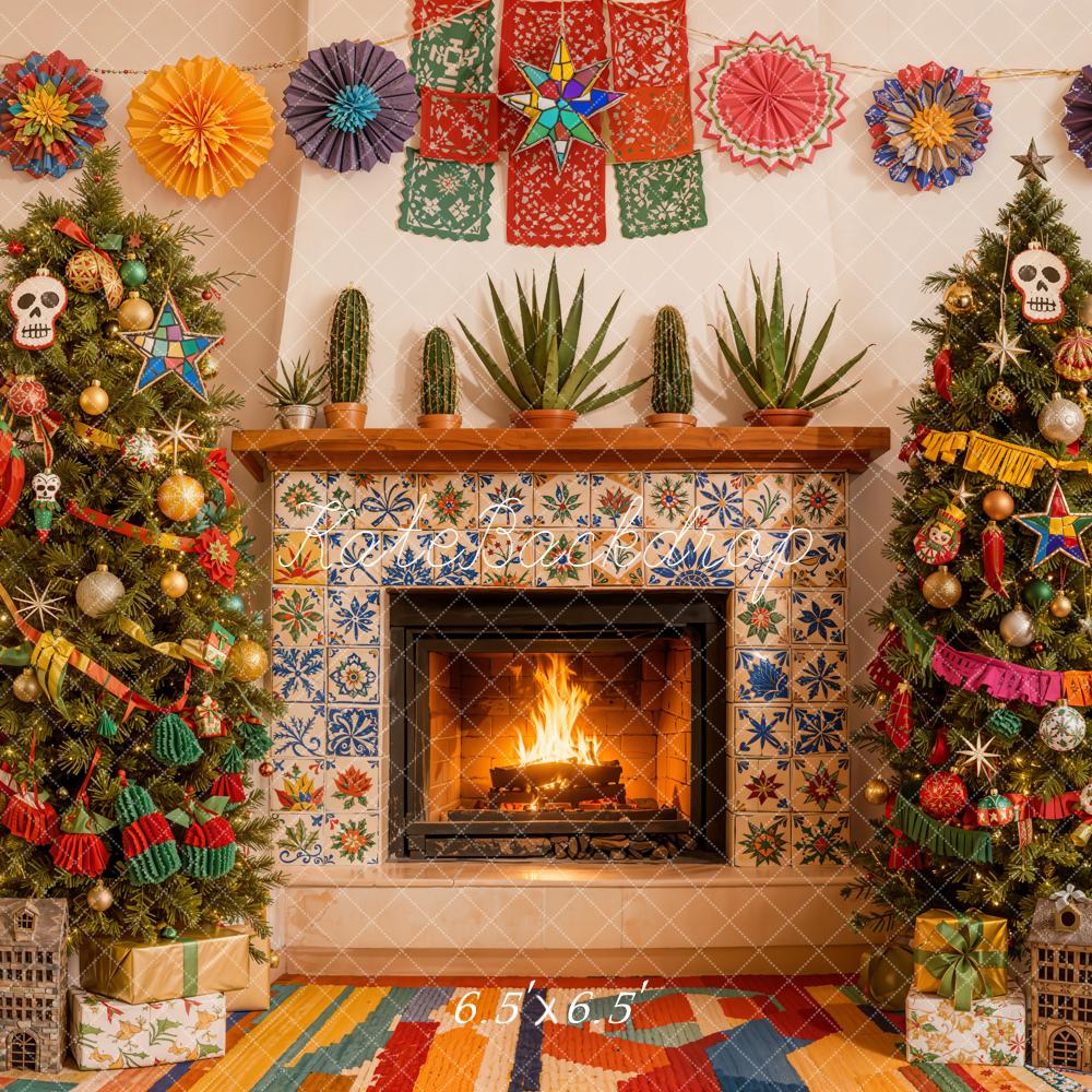 Kate Christmas Mexican Navidad Fireplace Trees Papel Picado Backdrop Designed by Emetselch