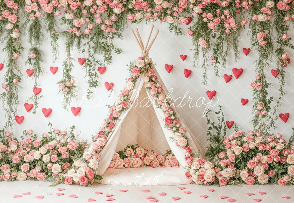 Kate Valentine's Day Floral Teepee Pink Roses Hearts Backdrop Designed by Emetselch