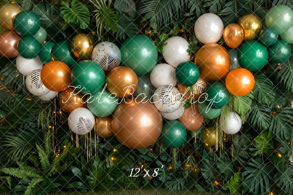 Kate Birthday Green Gold Balloon Garland Jungle Leaves Printed Backdrop Designed by Emetselch
