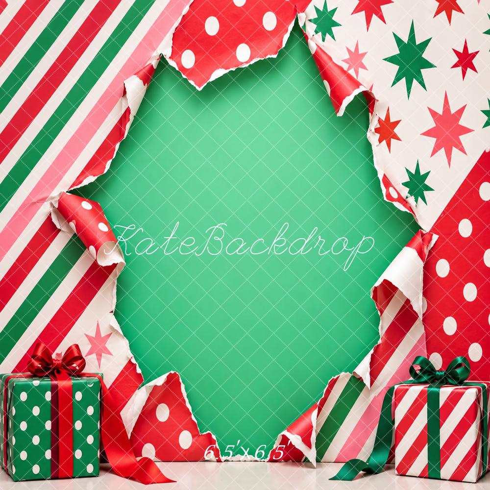 Kate Christmas Torn Wrapping Paper Gift Boxes Green Printed Backdrop Designed by Vertigo Productions