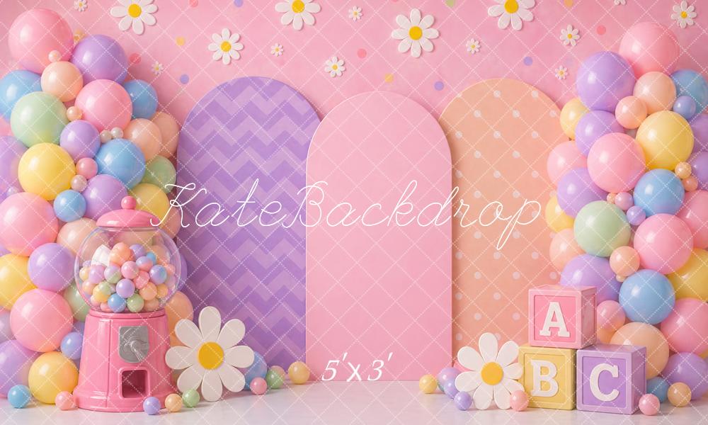Kate Birthday Kids Balloons Bubblegum Machine Daisy Flowers ABC Blocks Printed Backdrop Designed by Caitlin Lynch