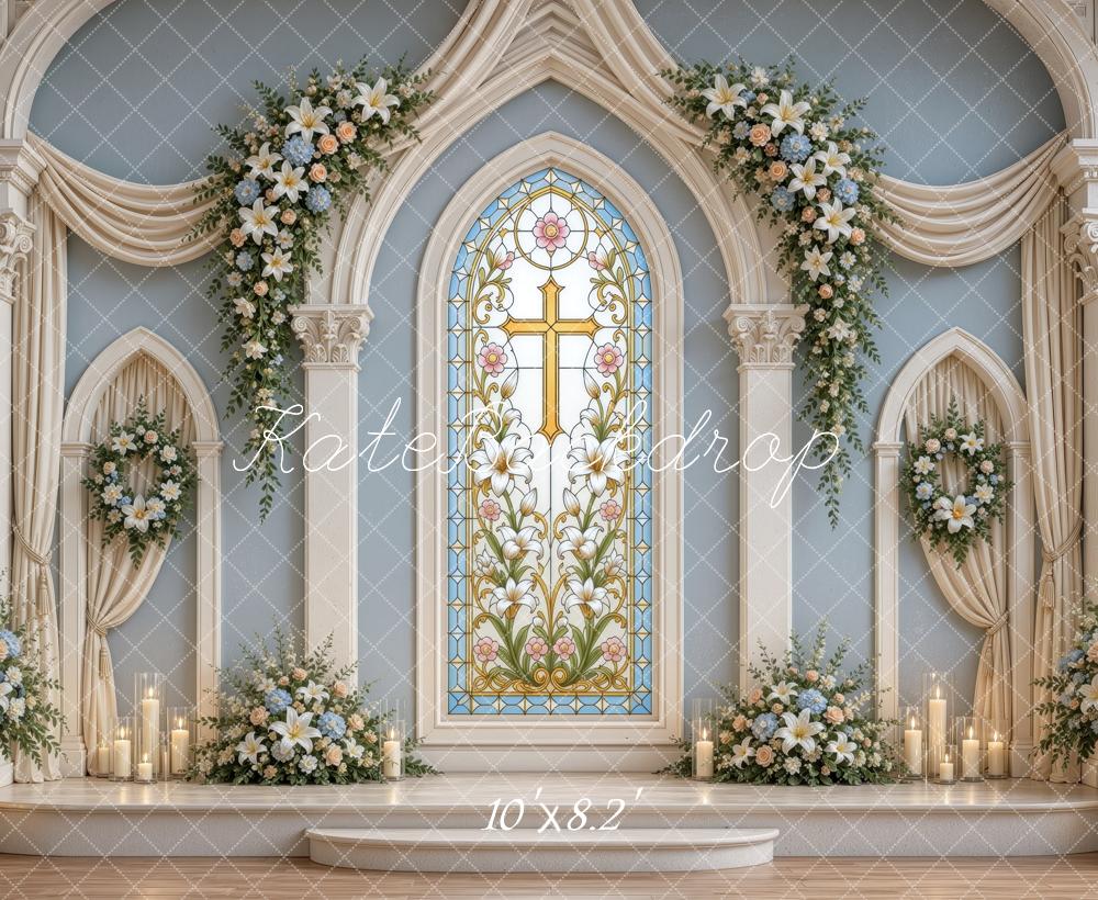 Kate Christian Church Sanctuary Stained Glass Cross Floral Printed Backdrop Designed by Ashley Ward