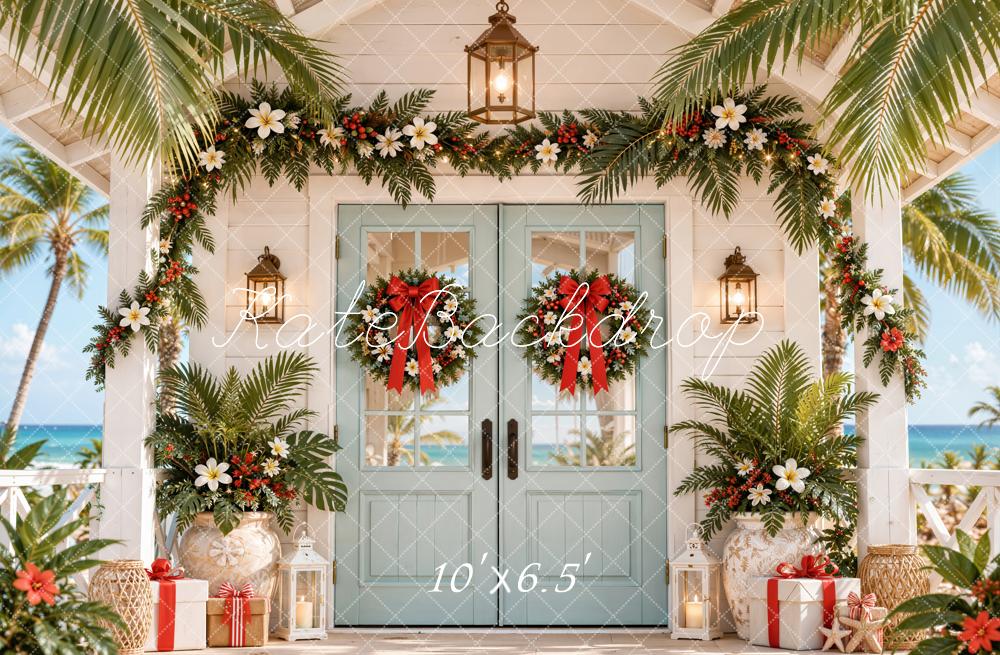 Kate Christmas Tropical Floral Doorway Palm Leaves Printed Backdrop Designed by Emetselch