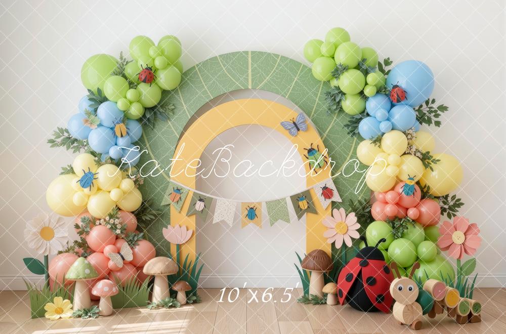Kate Cake Smash Cute Insects Caterpillar Balloons Arch Mushrooms Ladybug Printed Backdrop Designed by Mini MakeBelieve