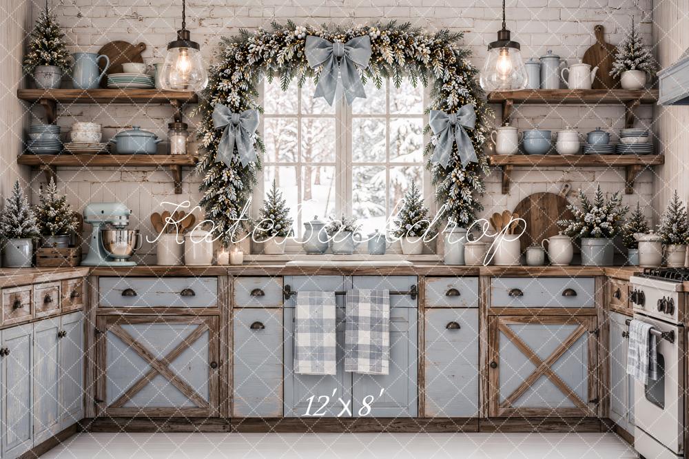 Kate Christmas Kitchen Blue Cabinet Garland Rustic Snow Printed Backdrop Designed by Ashley Paul