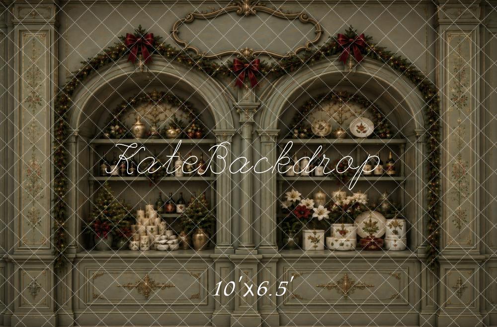 Kate Christmas Vintage Green Cabinet Garland Printed Backdrop Designed by Vertigo Productions