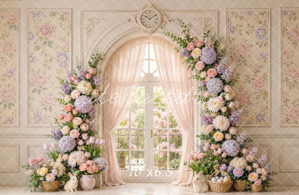 Kate Easter Spring Floral Arch Vintage Window Clock Bunny Printed Backdrop Designed by Emetselch