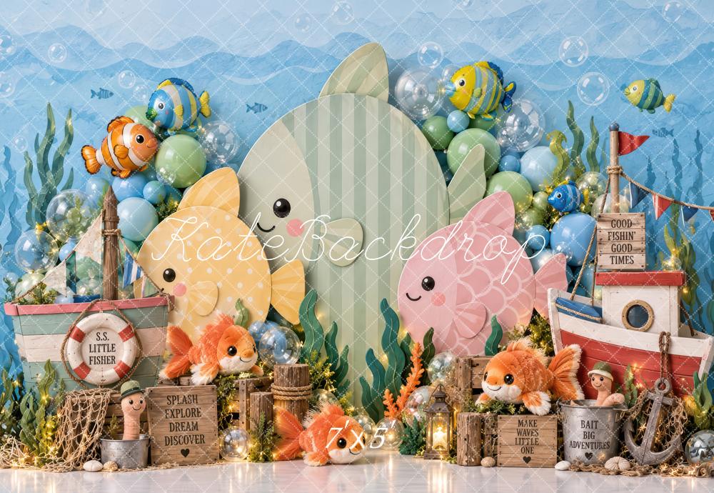Kate Cake Smash Blue Underwater Fish Fishing Boat Printed Backdrop Designed by Laura Bybee