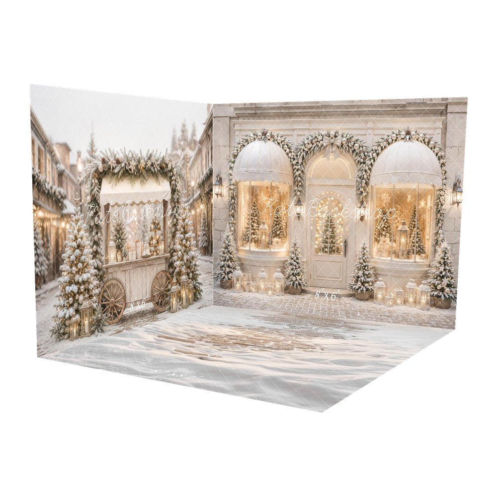 Kate Christmas Shop Arched Window Garland Snowy Trees Printed Backdrop Room Set