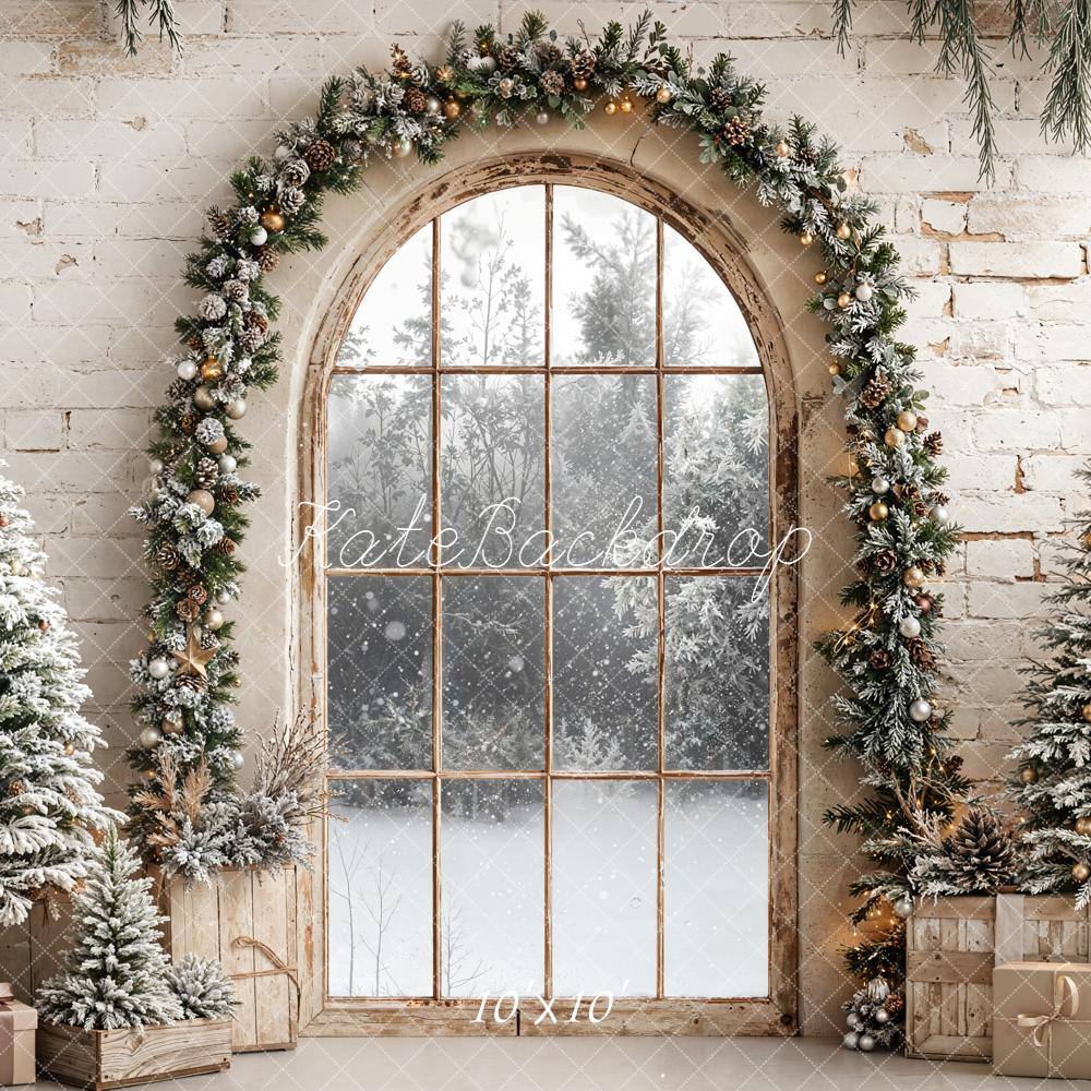 Kate Christmas Arched Window Garland Snowy Pine Trees Backdrop Designed by Emetselch